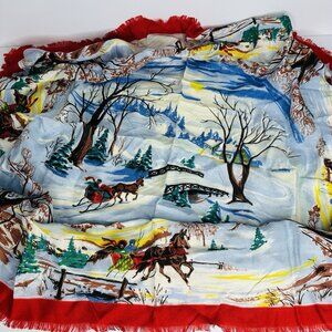 Vintage Japan Winter Scene Horse Sleigh Ride Snow Country Home Rayon 28” Square
